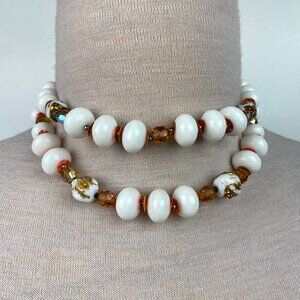 Vintage Deauville White & Amber Bead Art Multiple Strand Necklace 16"